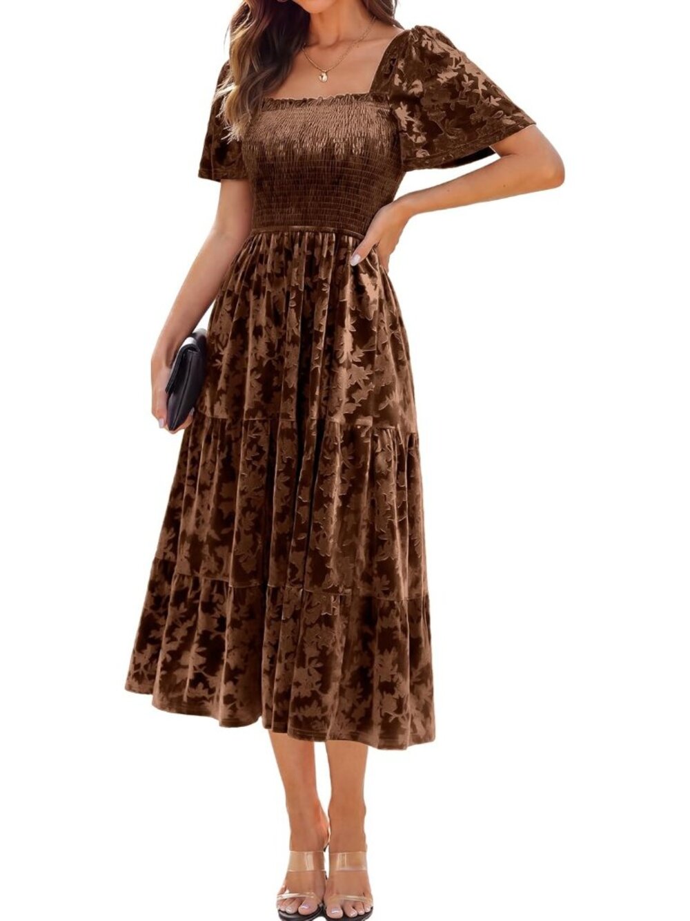 Women's Brown Square Neck Short Sleeve Flroal Formal Wedding Velvet Maxi Dress